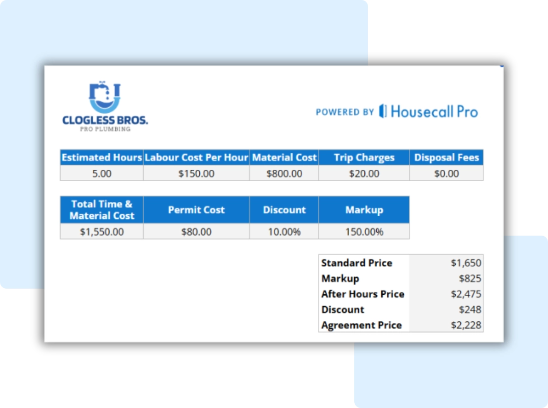 plumbing price list template customize rates tab
