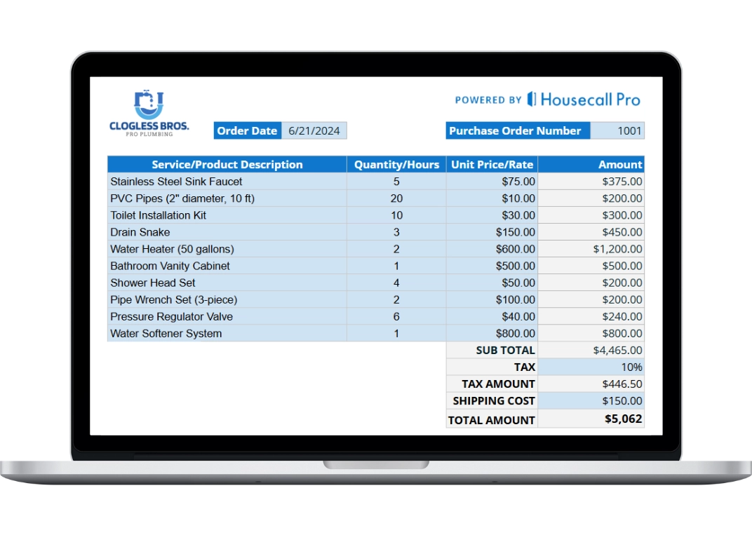 plumbing purchase order template