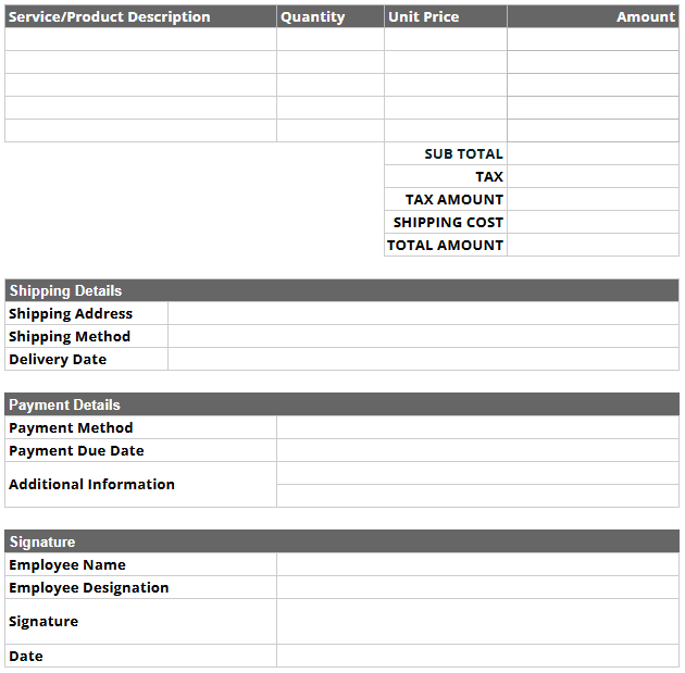 plumbing purchase order template blank summary