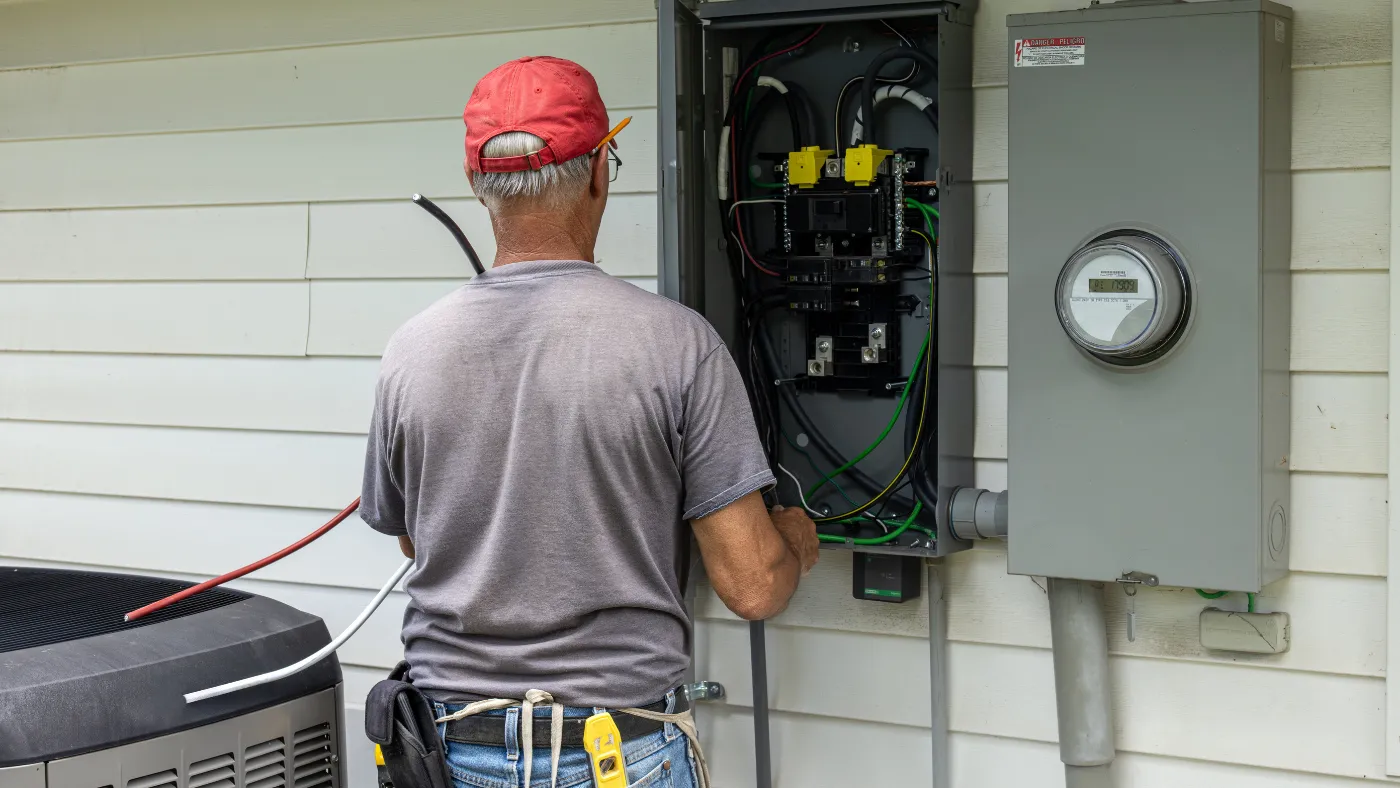 Residential electrician inspecting and wiring an outdoor electrical service panel