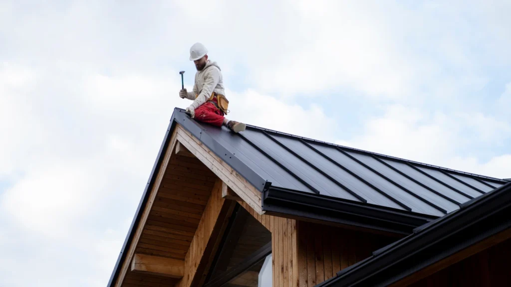 Professional roofer installing black metal roof panels on a residential home.