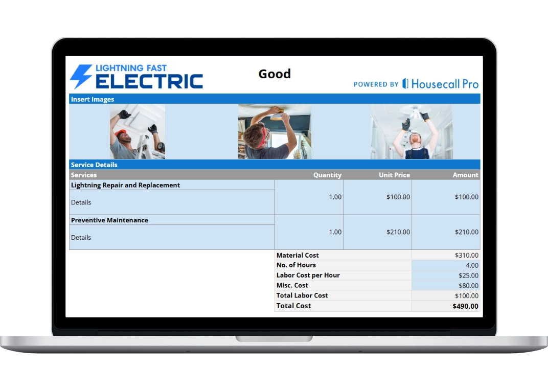 bid template showing the service details and few calculation fields