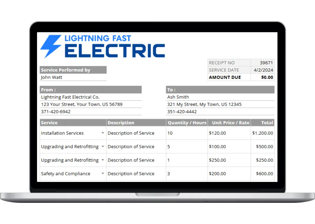 Electrical receipt template showing company, client, and service breakdown powered by Housecall Pro.