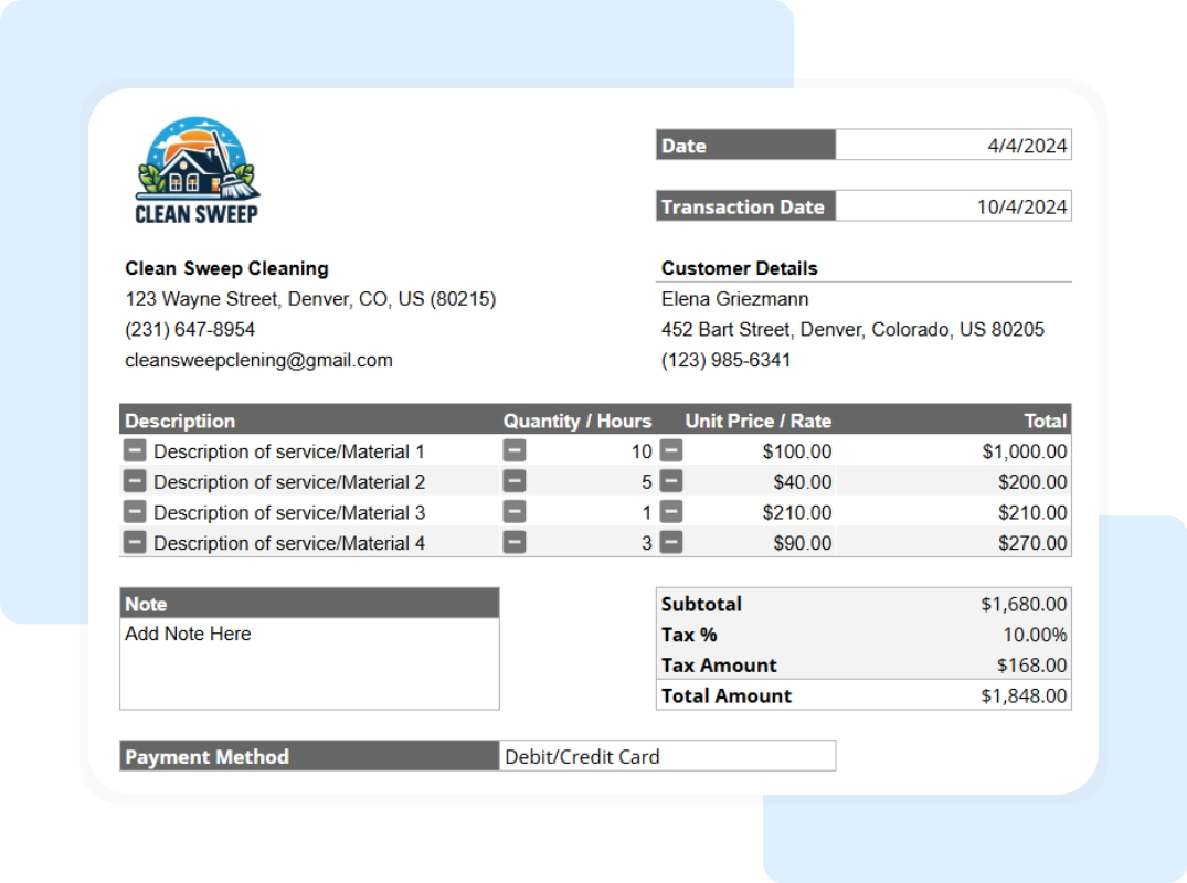 Printable Report - Full Summary tab showing a completed home cleaning receipt with final totals automatically calculated.