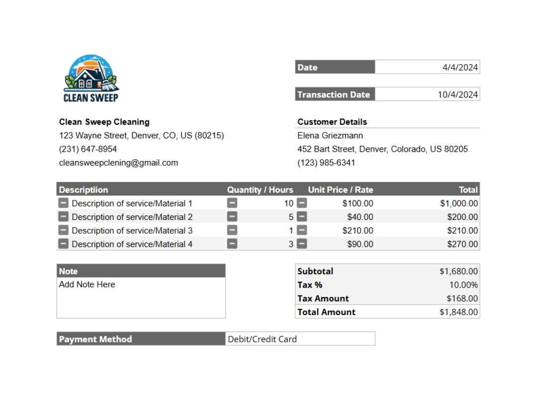 Printable Report - Full Summary tab showing a completed home cleaning receipt with final totals automatically calculated for cta