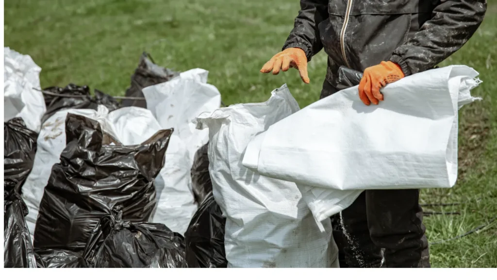 - Housecall Pro Worker wearing gloves handling white and black garbage bags for junk removal company name inspiration.