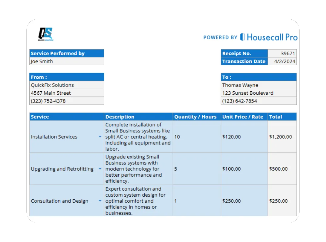 Digital small business receipt form showing payment summary, subtotal, and tax fields designed for contractors.