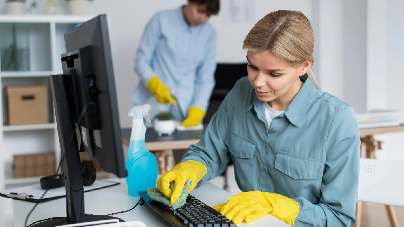 Office cleaners wiping a keyboard and desk in a workspace.