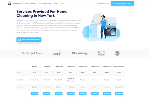 Homepage of a maid service website showing home cleaning options in New York, featuring an illustrated cleaner and pricing tables for different room counts.