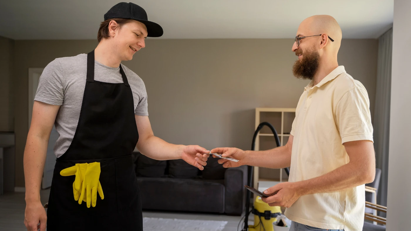 a cleaning service professional in an apron exchanging a card with a customer in a living room.