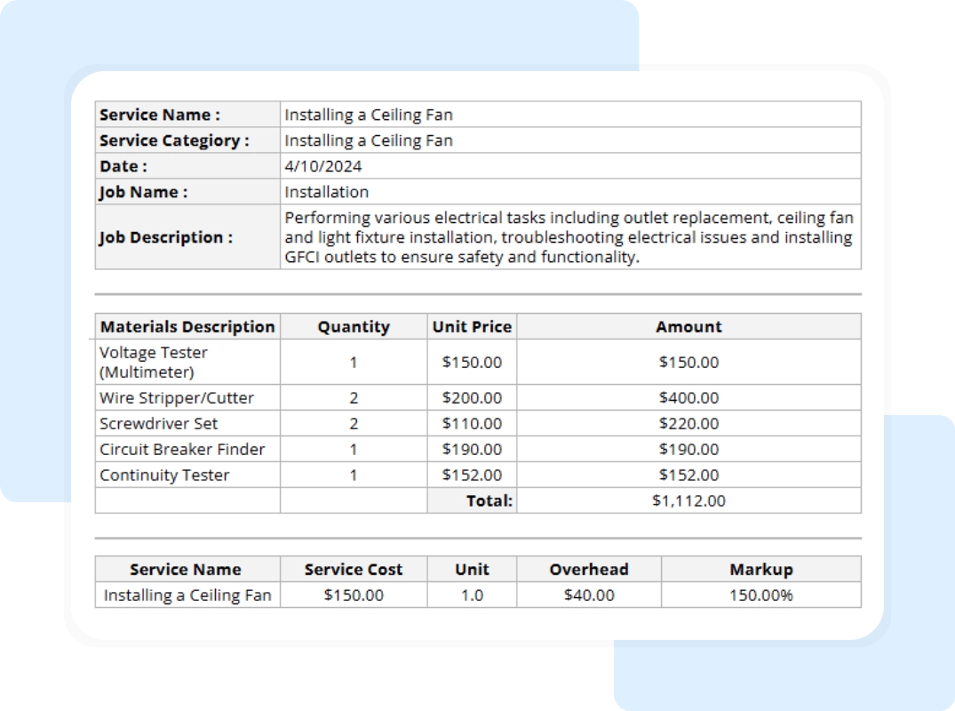 pricing report summary of electrical flat rate pricing template