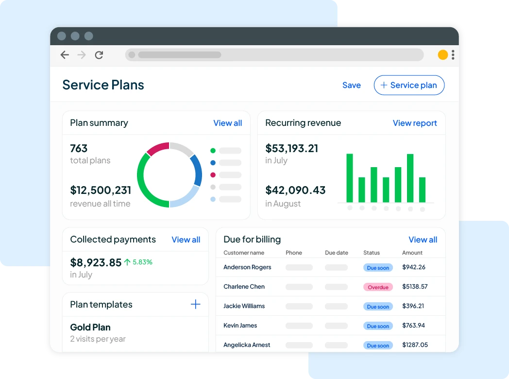 Desktop dashboard showing service plan revenue inside of Housecall Pros service agreement software