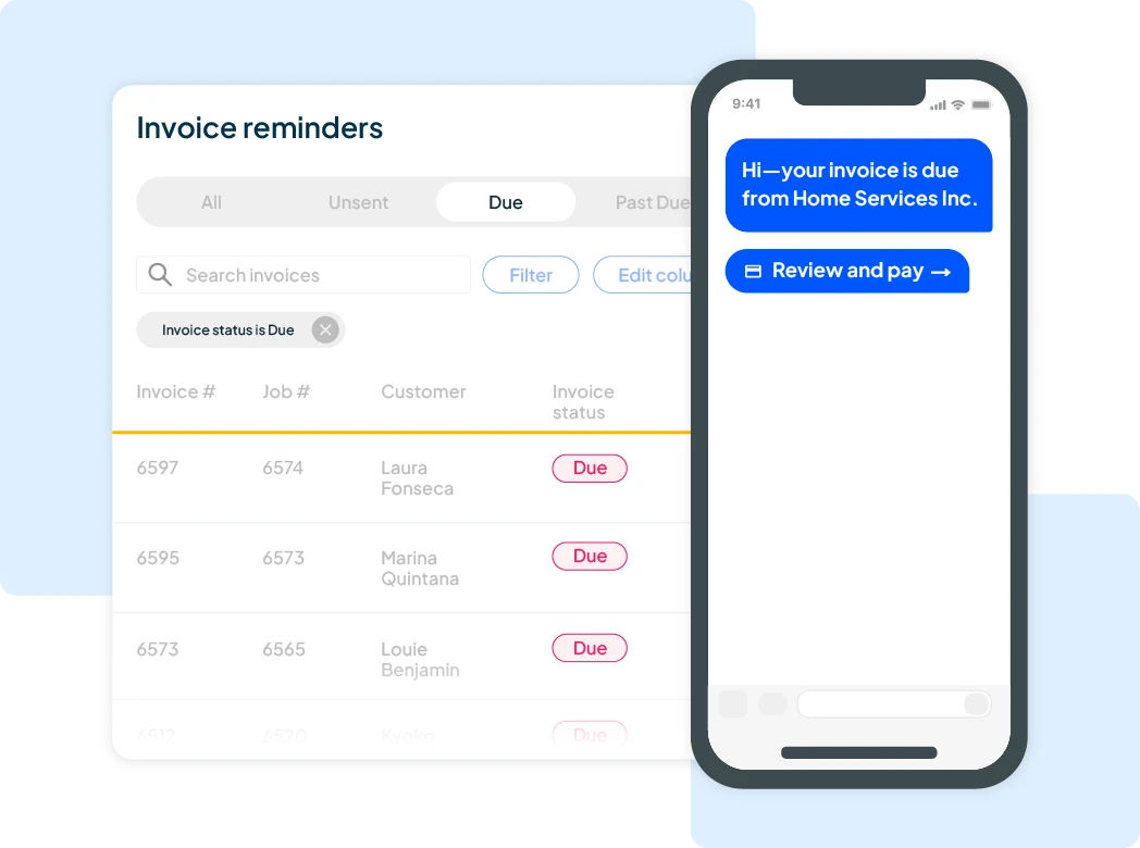 Restoration software invoice reminder feature showing due invoices and automated payment reminders