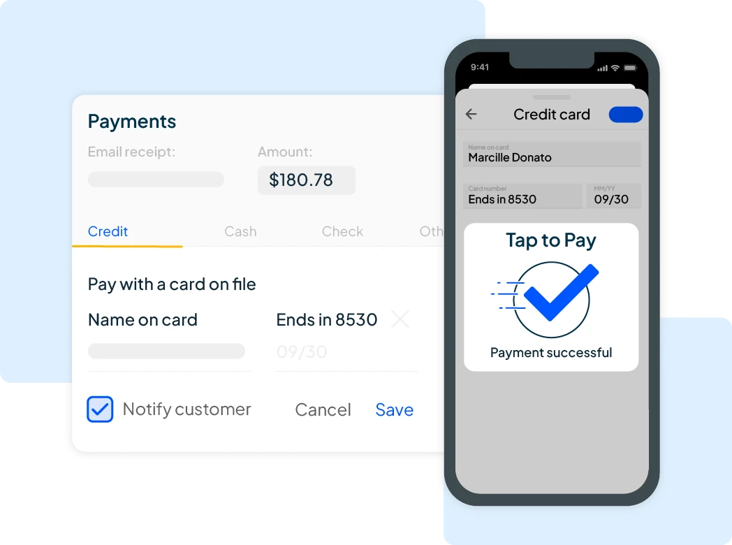 Restoration software payments feature showing payment details and faster payment