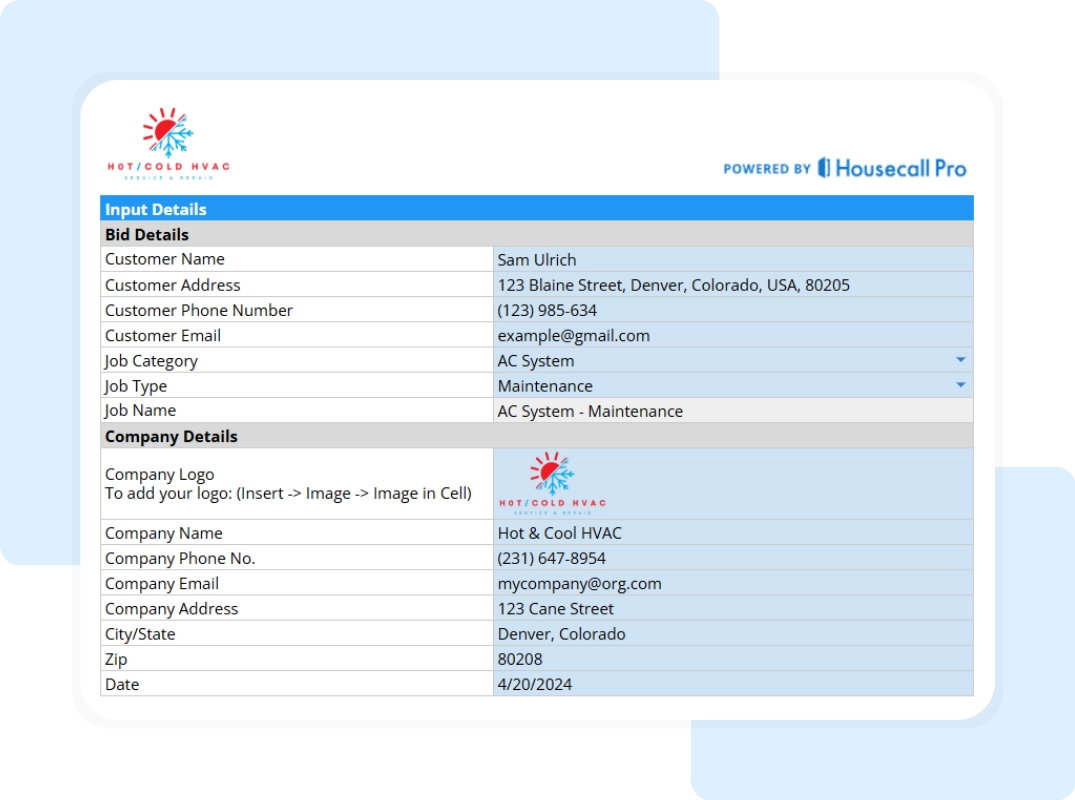 hvac bid template showing the bid and company details