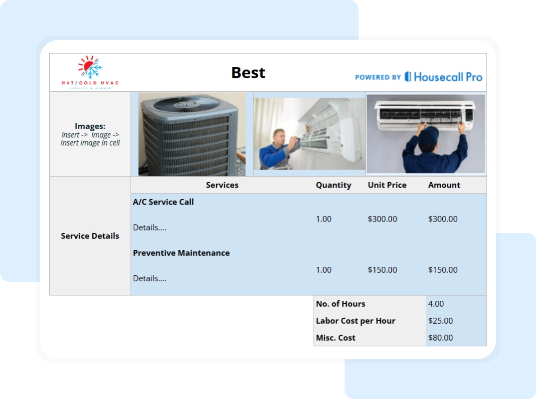 hvac bid template includes service details along with no of hours, labor cost and misc cost inputs