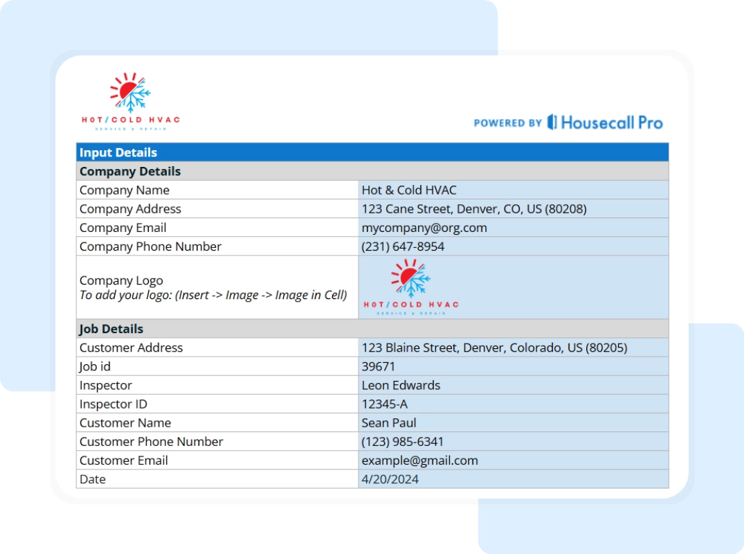 input details of hvac diagnostic checklist template