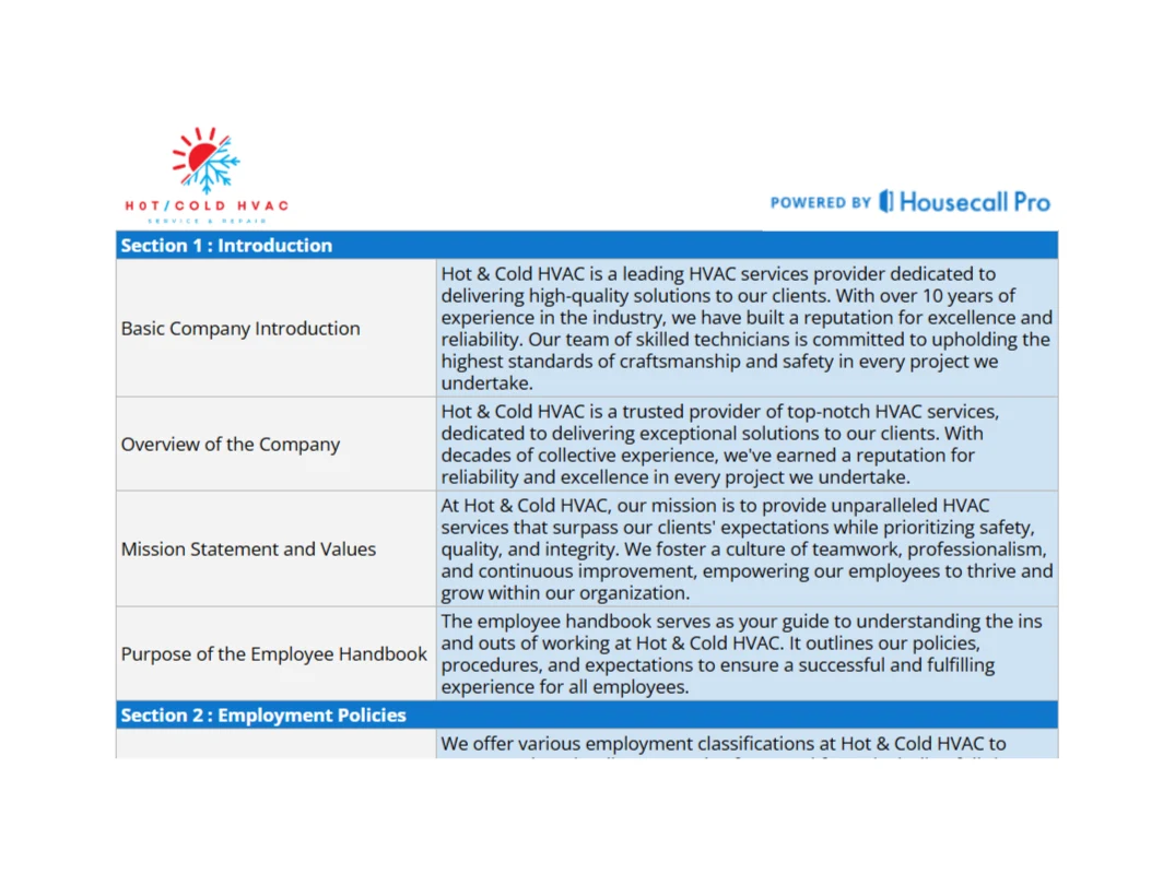 cta of hvac employee handbook template