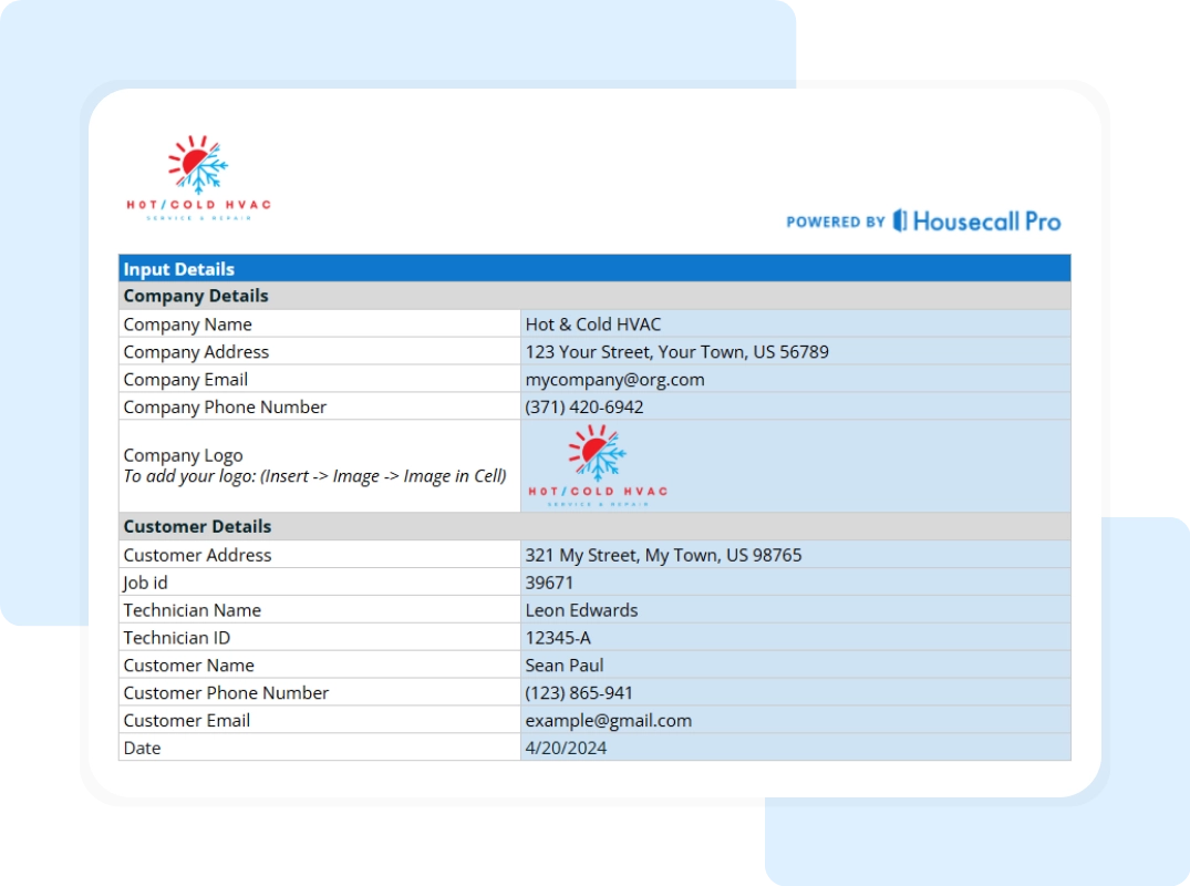 Input details consisting company & customer details of hvac home inspection checklist template