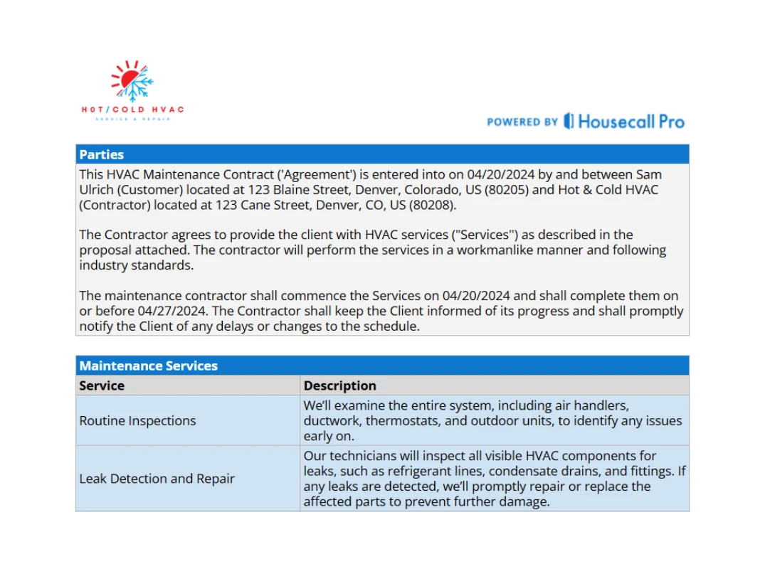 cta of hvac maintenance contract template