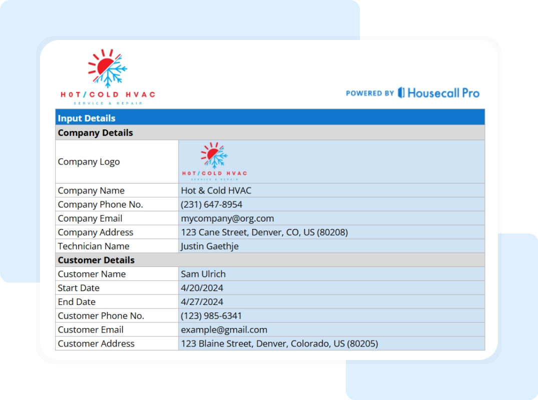 company and customer details of hvac maintenance contract template