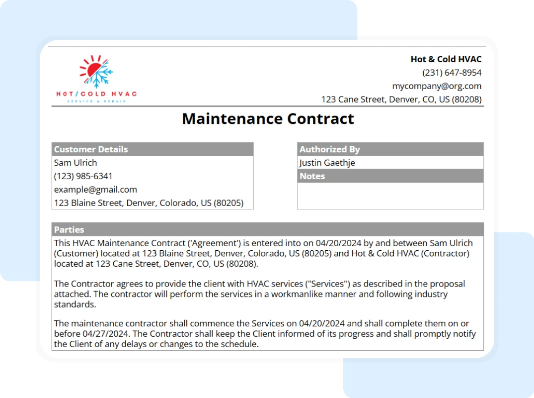 maintenance contract template details of printable contract summary