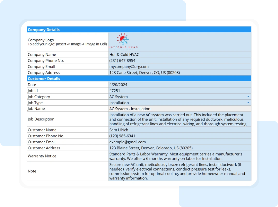 hvac service report template including company and customer/job details along with inputs