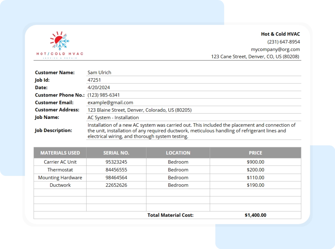 hvac service report template showing printable summary