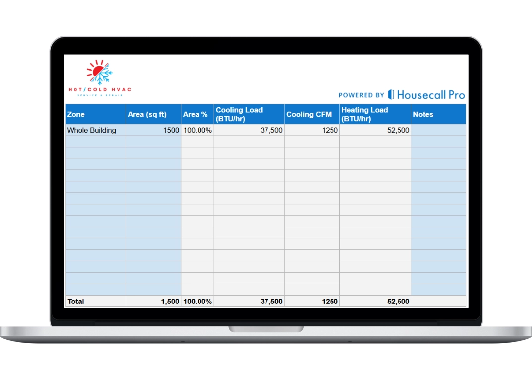 hvac visio template hero showing the zone loads input and calculated results