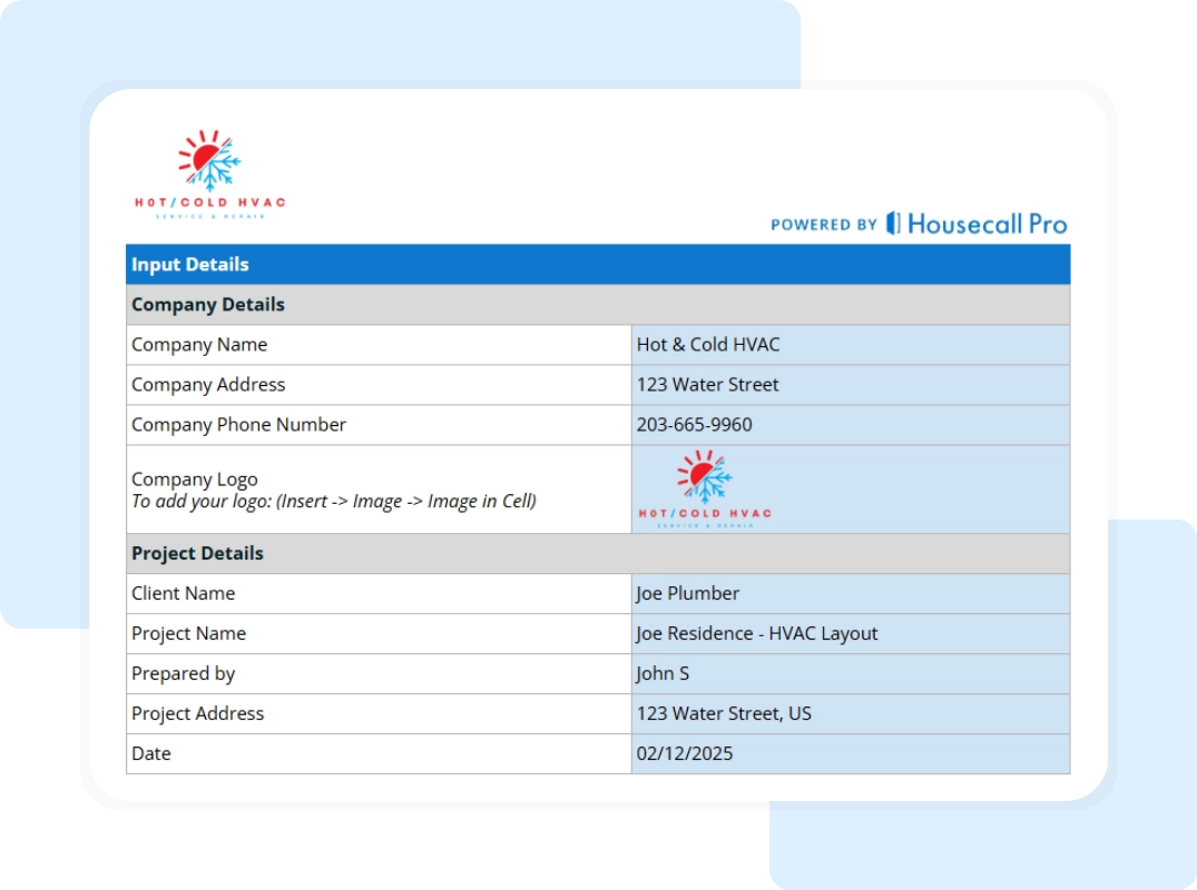 hvac visio template showing the company and project details