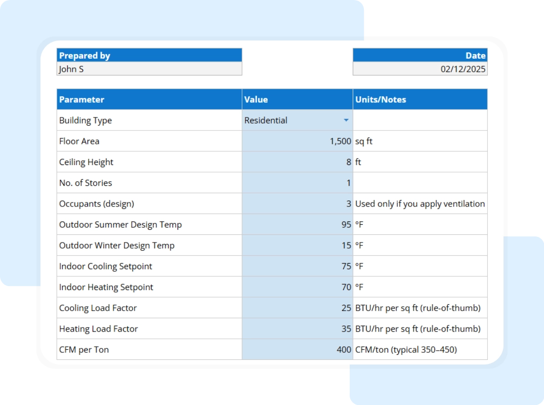 hvac visio template template includes the design inputs along with the technician name and date