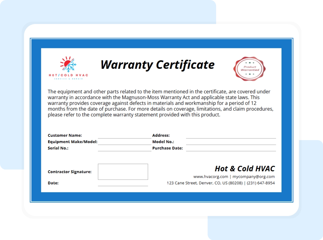 hvac warranty certificate template showing printable blank summary