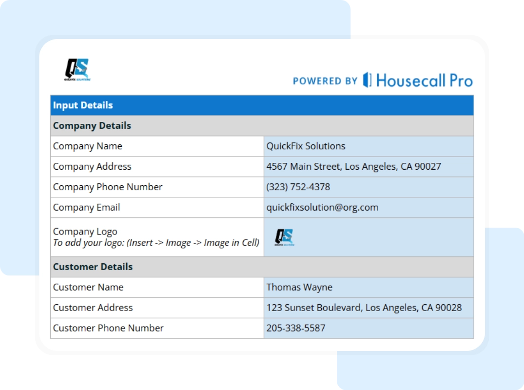 input details of small business material list template
