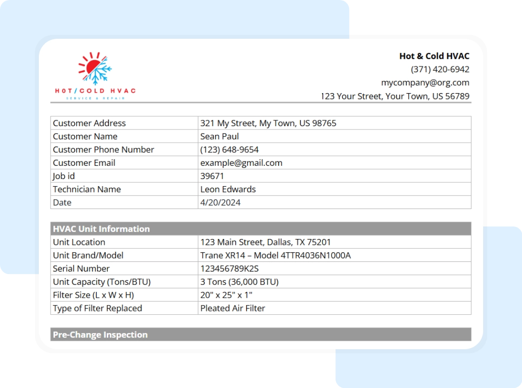 hvac filter change log template showing the printable full summary report