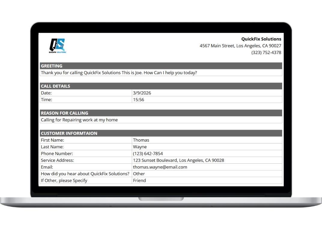 Printable small business dispatcher script summary report shown on a laptop mockup