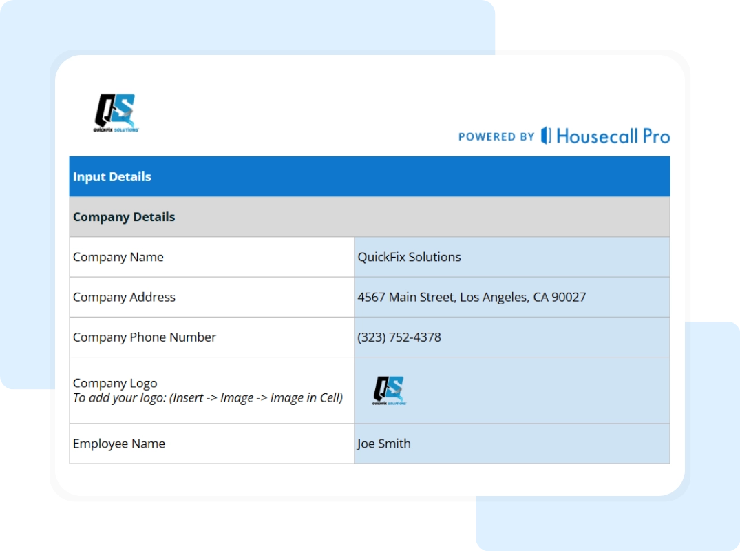 small business dispatcher script template tab showing the company information