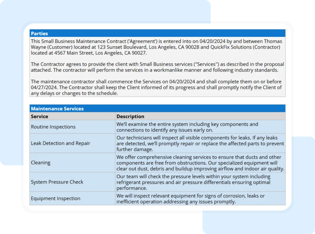 small business maintenance contract template tab showing the contract details like parties, maintenance services along with the service and its description