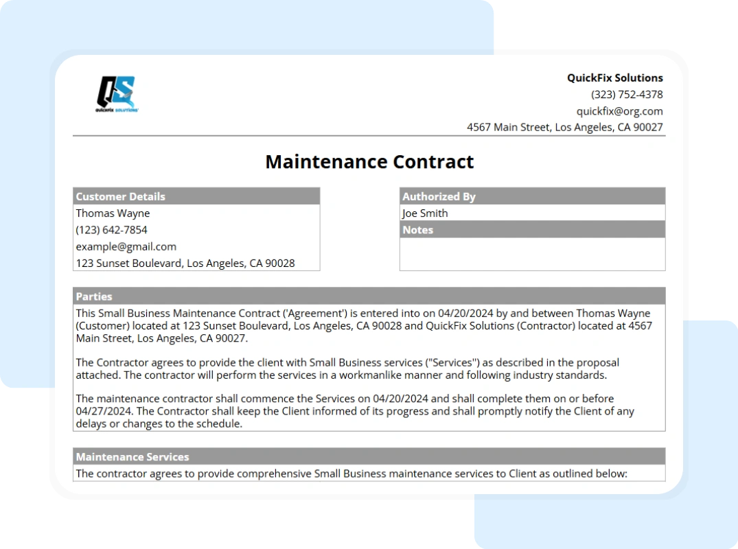 small business maintenance contract template tab showing the printable summary report